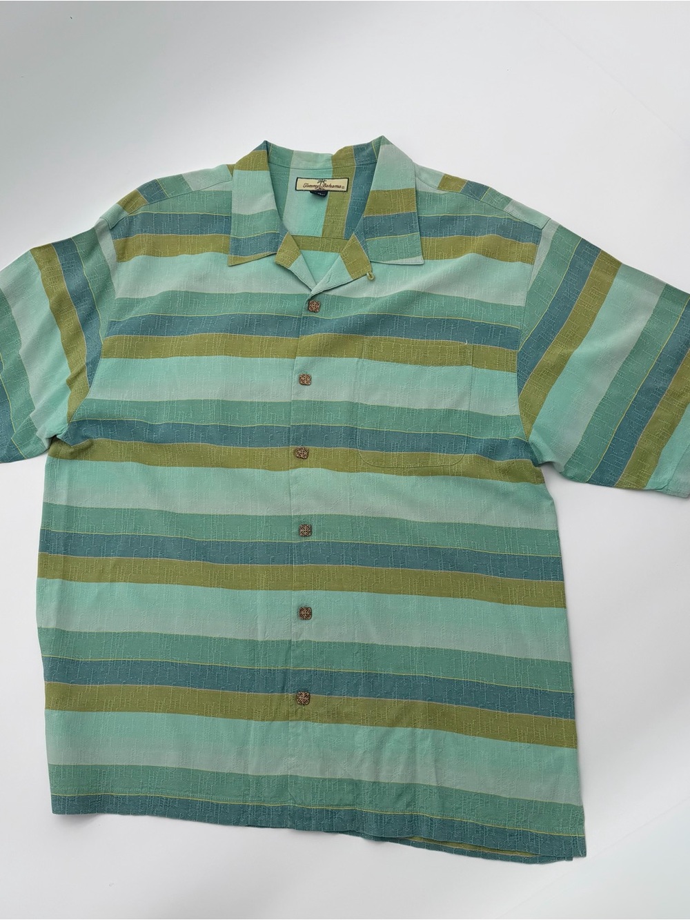 Tommy Bahama 100% Silk Green and Teal Striped Camp Shirt